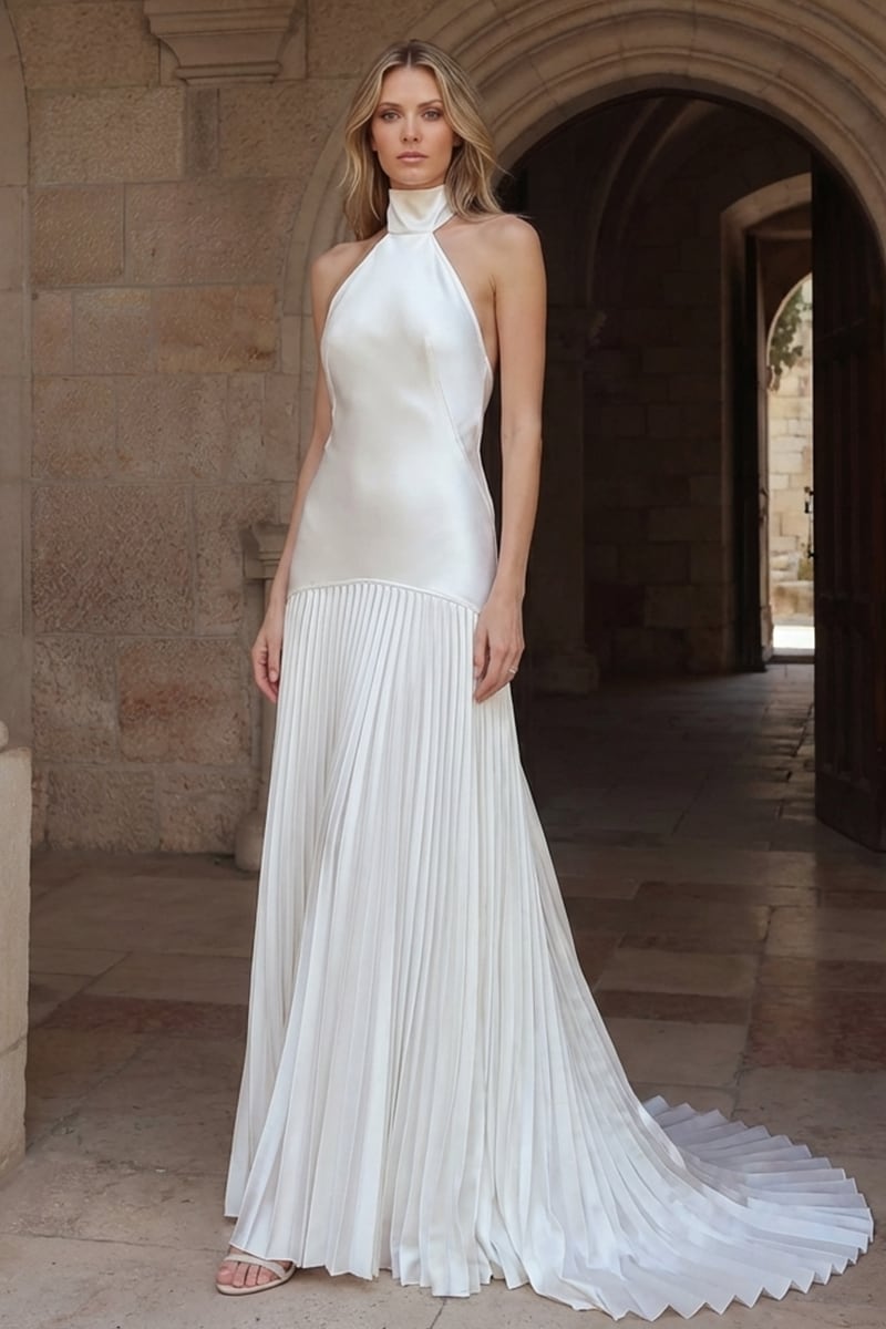 white satin pleated dress Pleated White Dresses