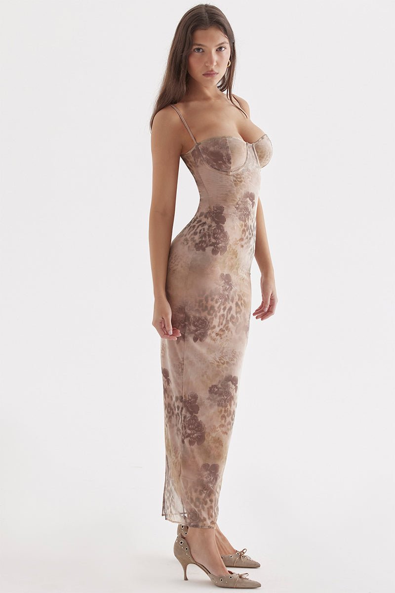 Stunning Sweetheart Floral Print Maxi Dress | Jewelclues | #color_beige