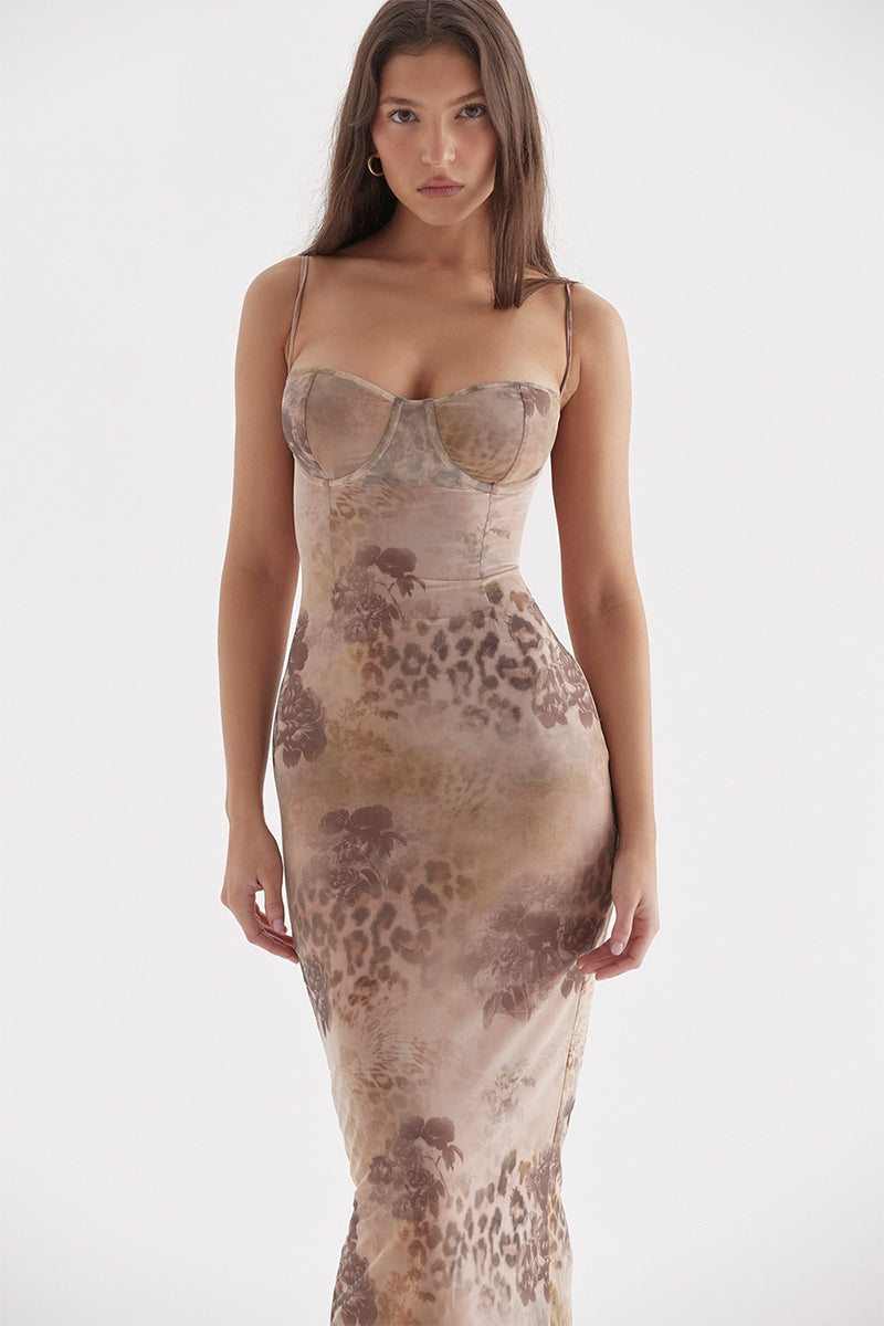 Stunning Sweetheart Floral Print Maxi Dress | Jewelclues | #color_beige