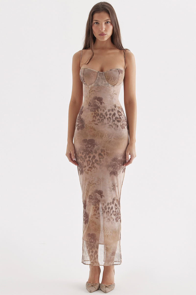 Stunning Sweetheart Floral Print Maxi Dress | Jewelclues | #color_beige