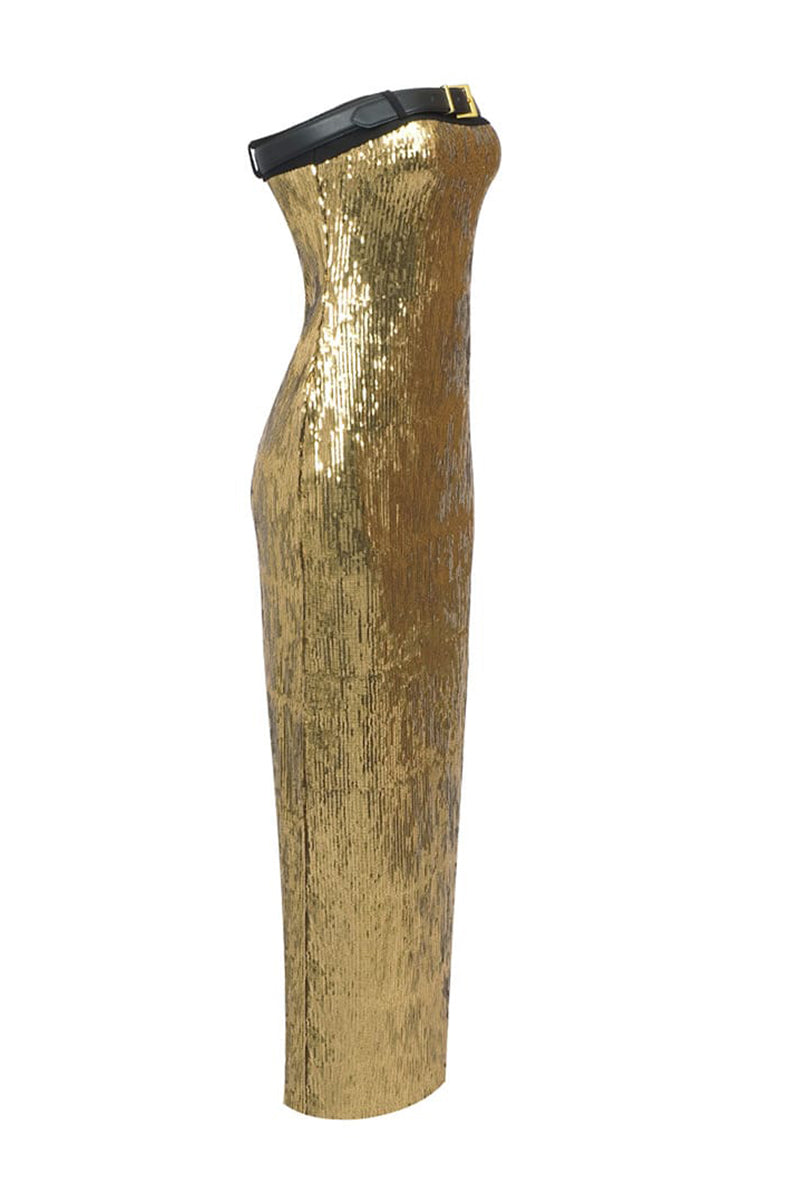 Talena Gold Sequin Strapless Maxi Dress | Jewelclues