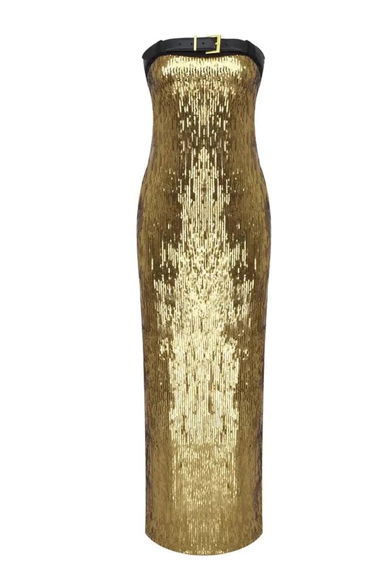 Talena Gold Sequin Strapless Maxi Dress | Jewelclues