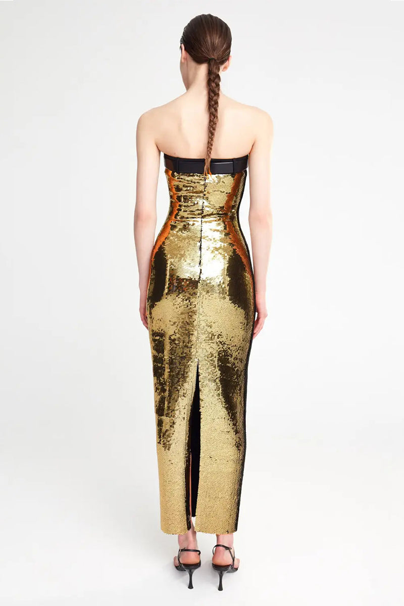 Talena Gold Sequin Strapless Maxi Dress | Jewelclues