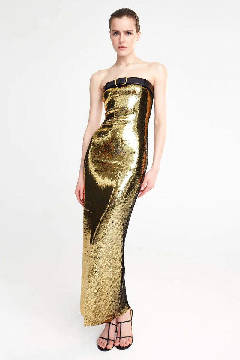 Talena Gold Sequin Strapless Maxi Dress | Jewelclues