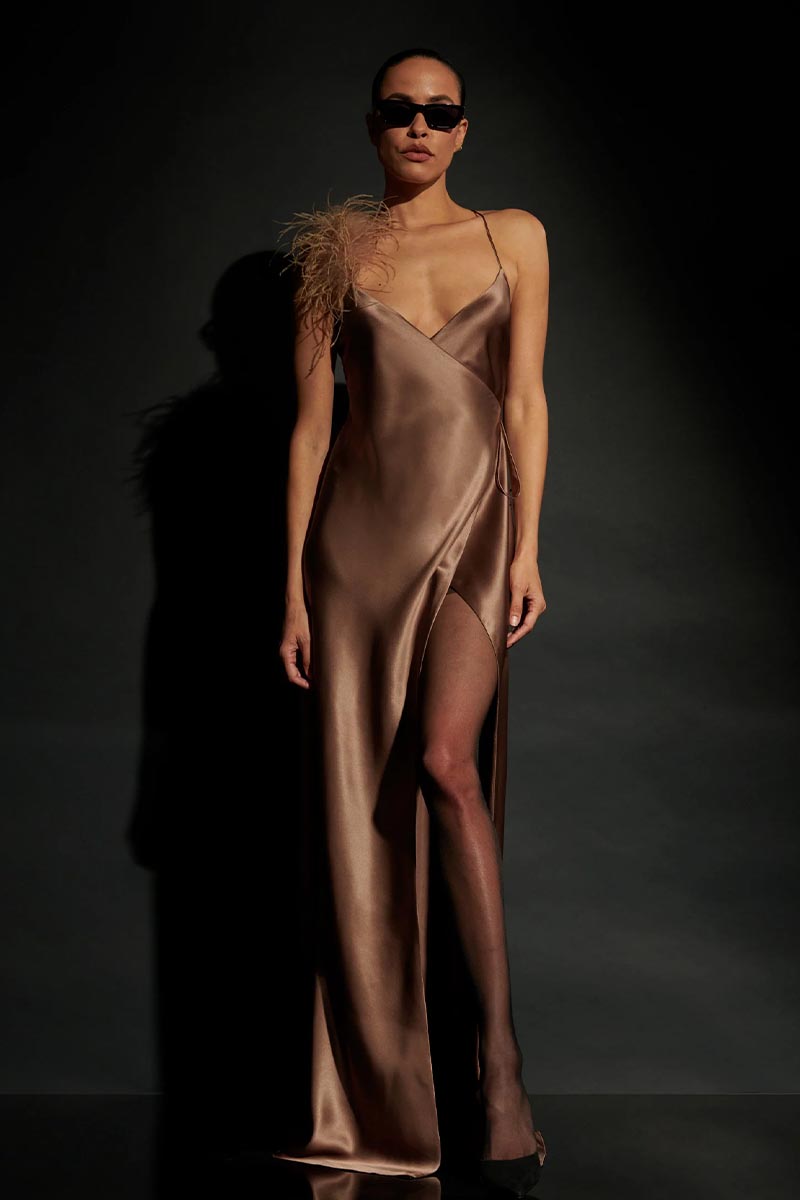 Tatev Satin Wrap Maxi Dress | Jewelclues #color_mocha
