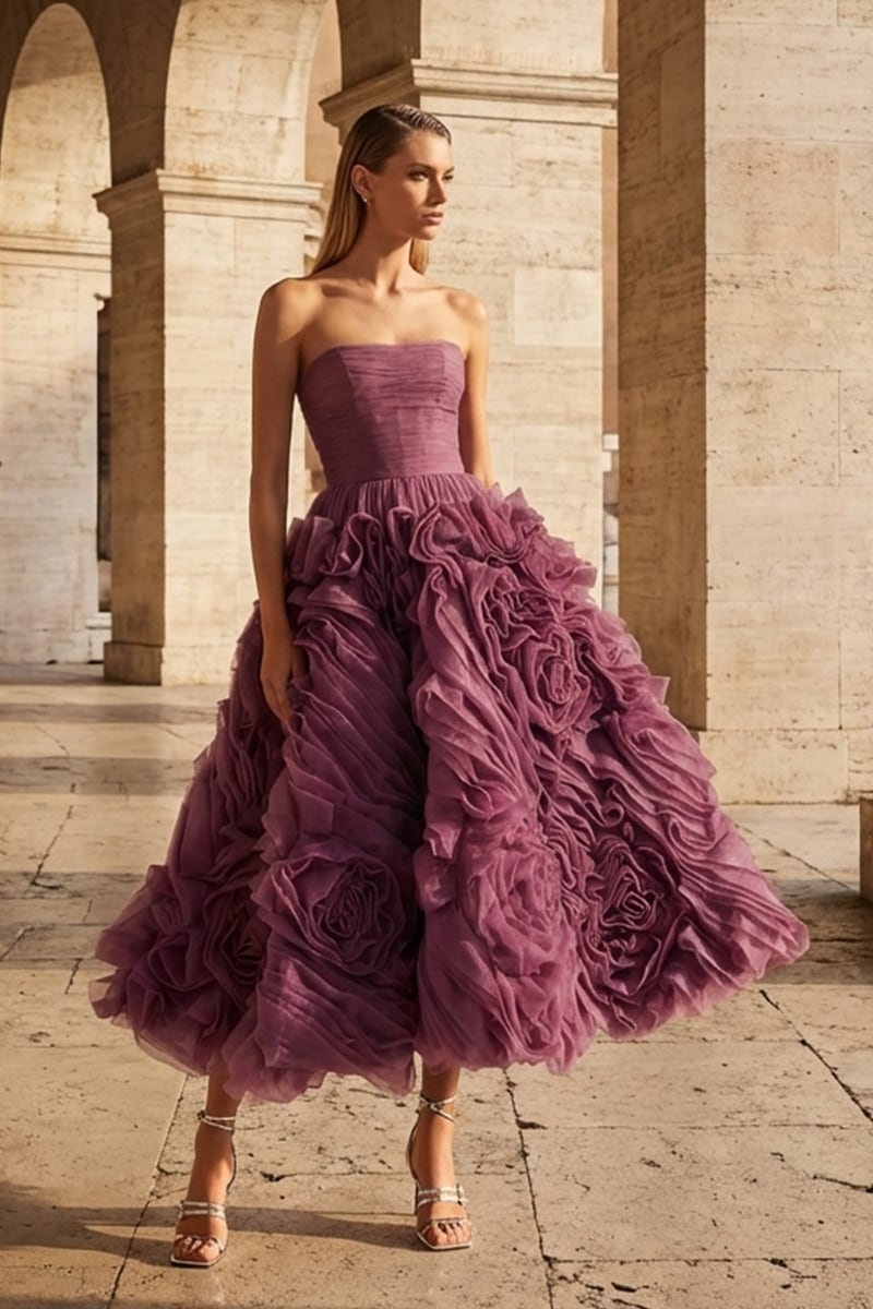 Unreal Sensibility Tulle Strapless Midi Dress | Jewelclues | #color_wine