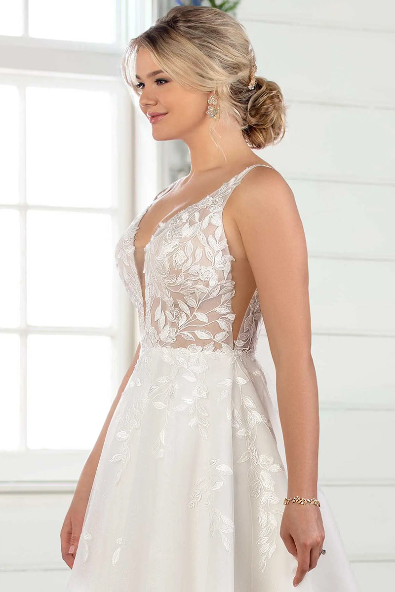 Valette A-Line Lace Tulle Chapel Train Wedding Dress | Jewelclues