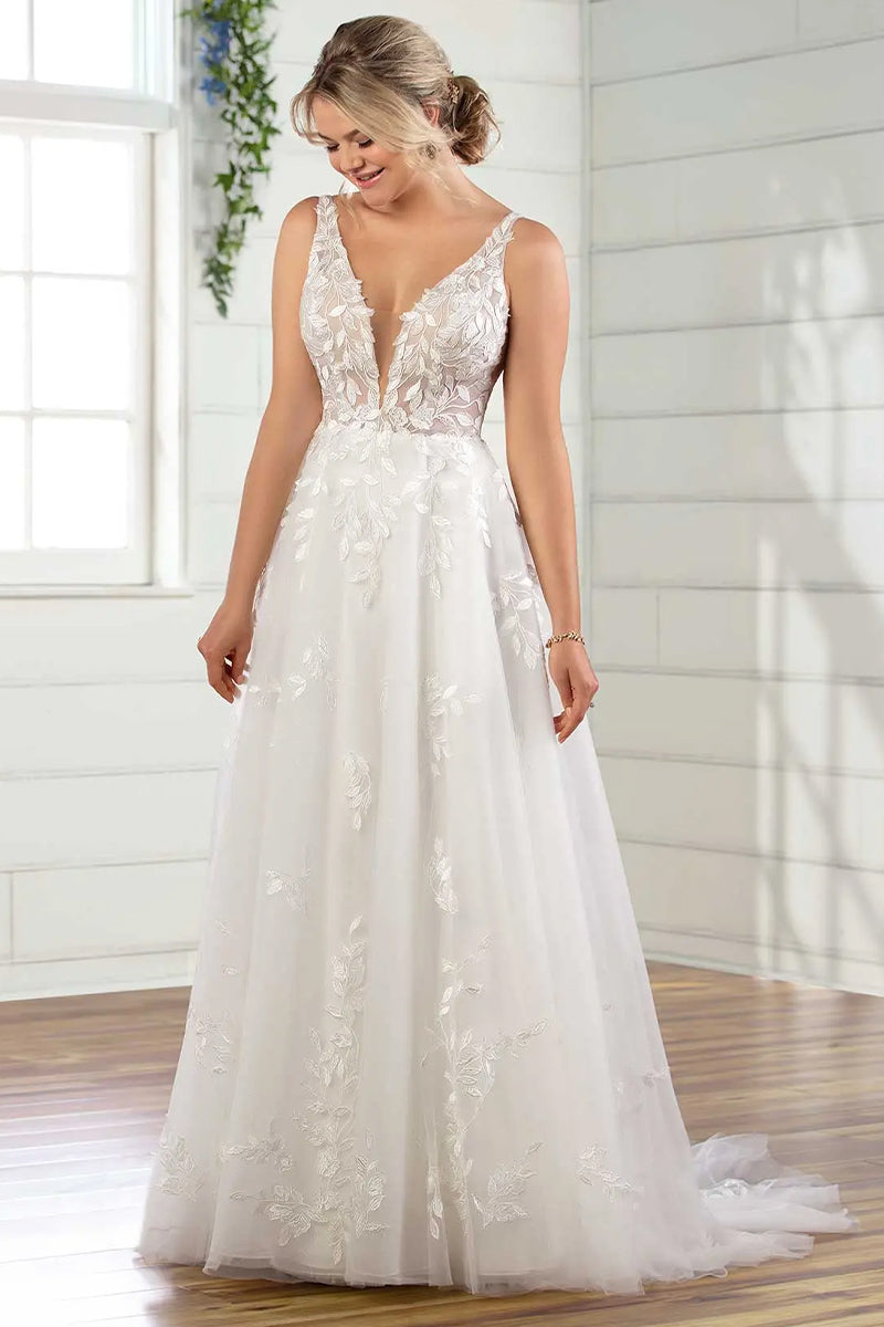 Valette A-Line Lace Tulle Chapel Train Wedding Dress | Jewelclues