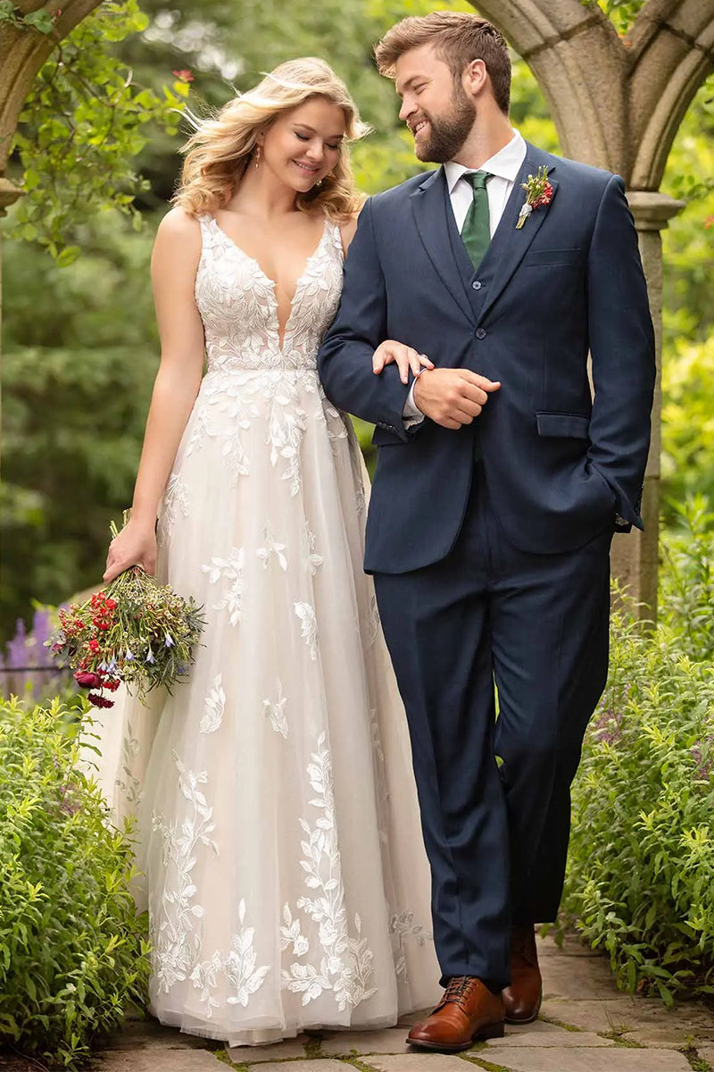 Valette A-Line Lace Tulle Chapel Train Wedding Dress | Jewelclues