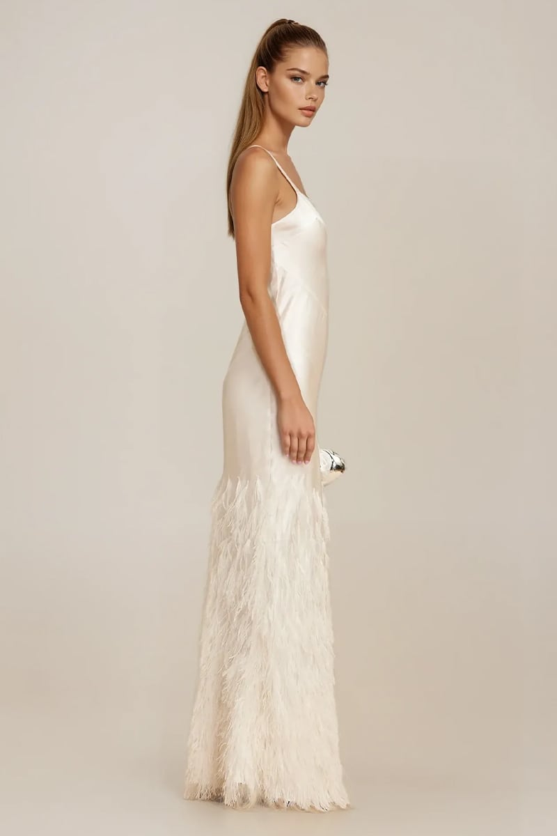 Couture feathered maxi dress in ivory satin