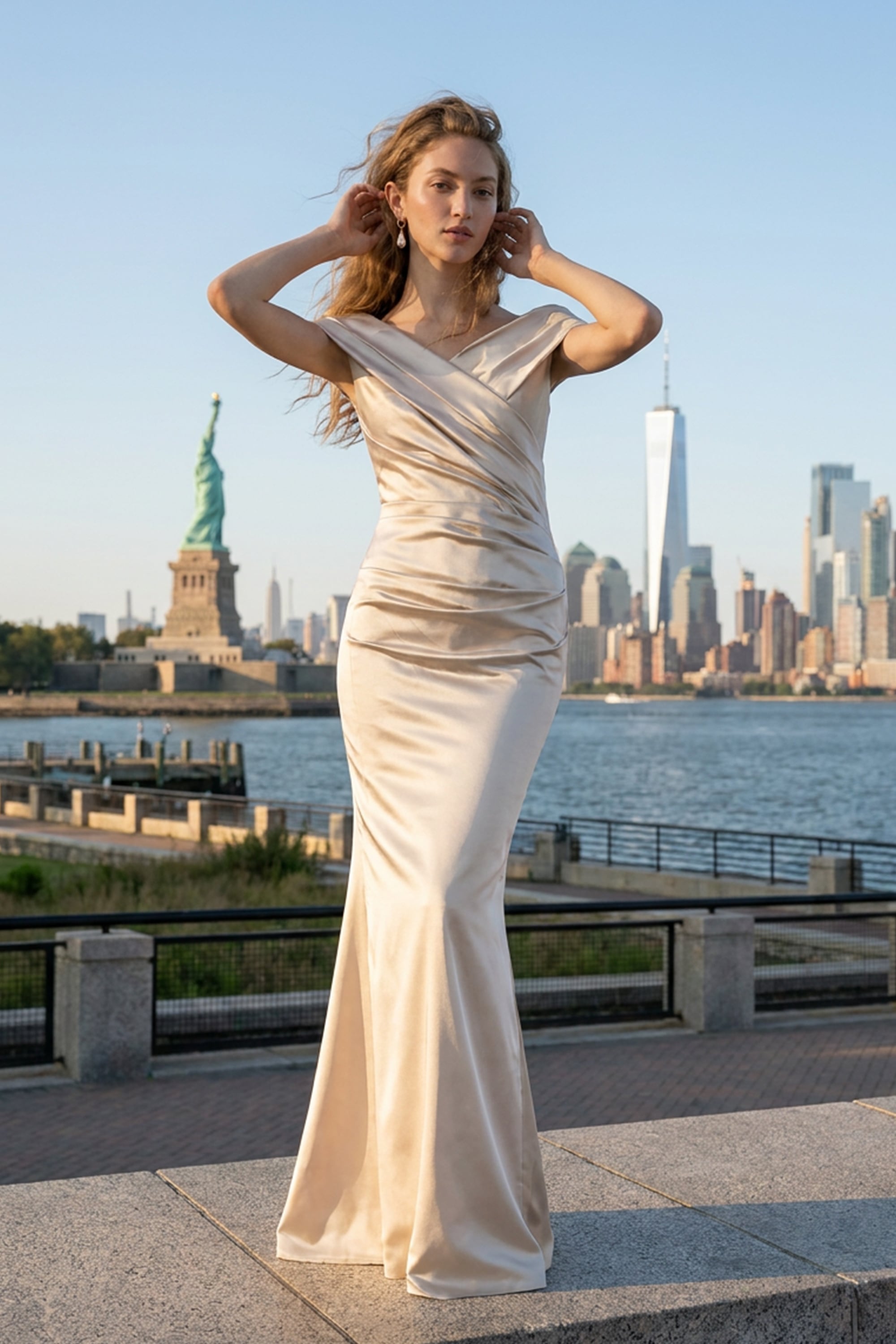 Vivienne Off-The-Shoulder Satin Gown | JewelClues #color_champagne