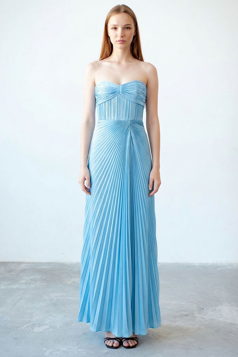 Zenia Pleated Satin Gown | JewelClues #color_sky blue