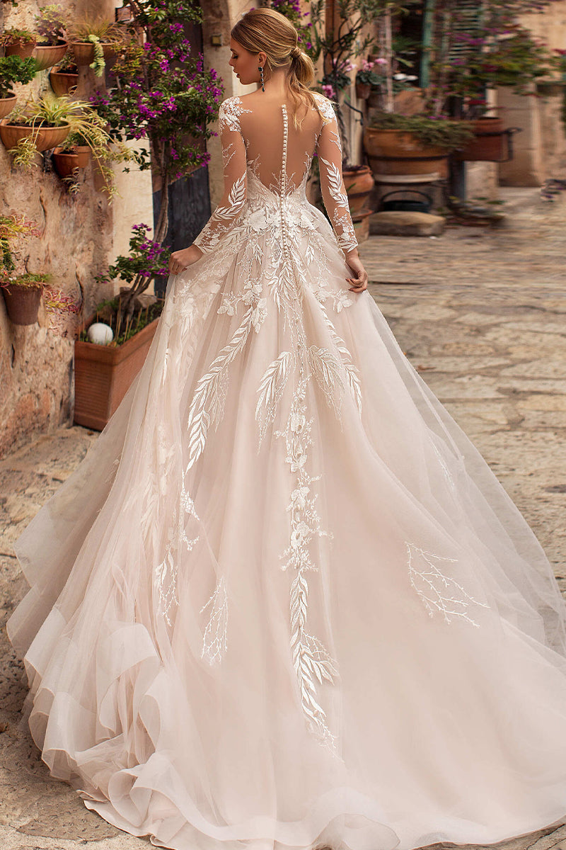 Abernathy Illusion Lace A-line Tulle Wedding Dress | Jewelclues | #color_champagne