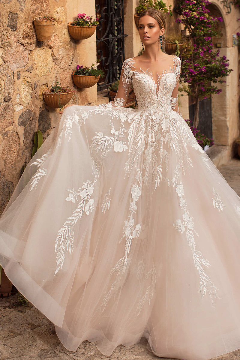 Abernathy Illusion Lace A-line Tulle Wedding Dress | Jewelclues | #color_champagne