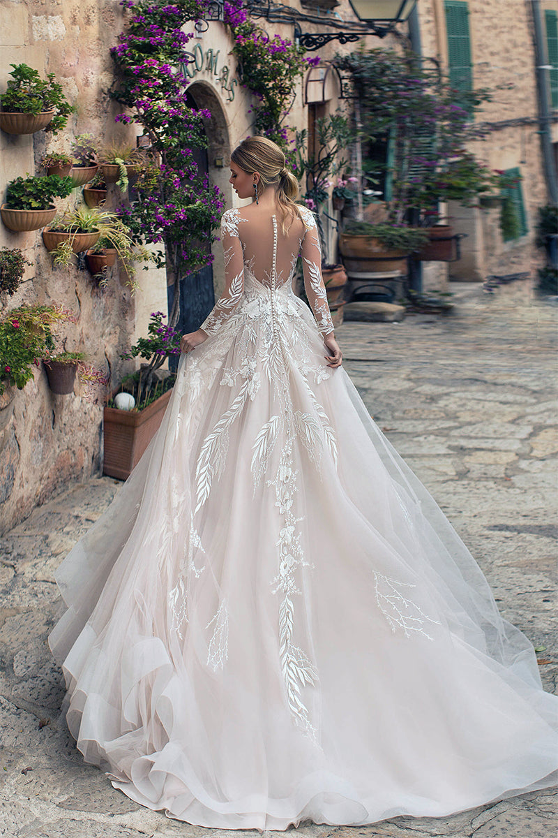 Abernathy Illusion Lace A-line Tulle Wedding Dress | Jewelclues | #color_ivory