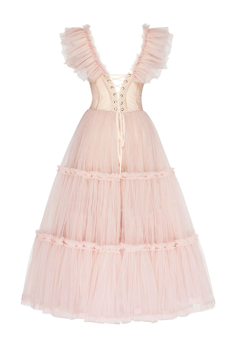 Geisha Ruffled Tulle Midi Dress | JewelClues #color_blush