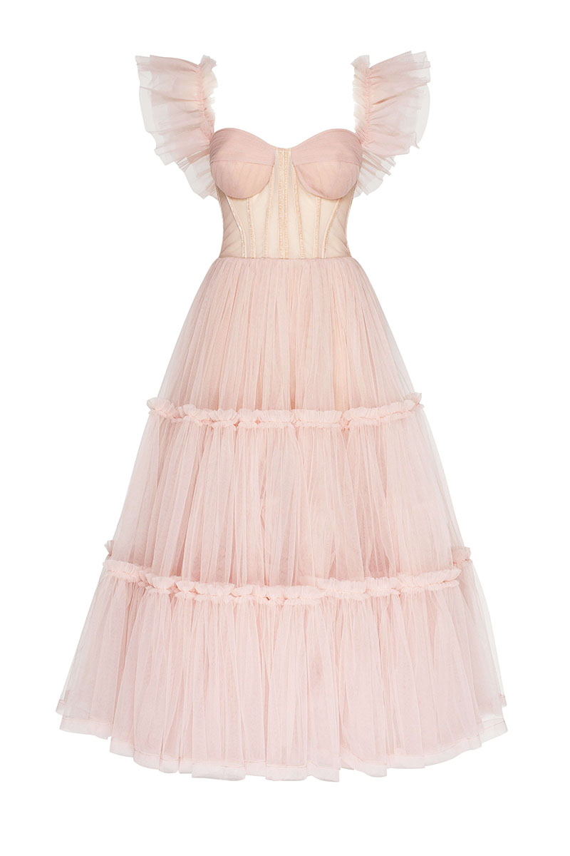 Geisha Bustier Tulle Midi Dress | Jewelclues | #color_blush