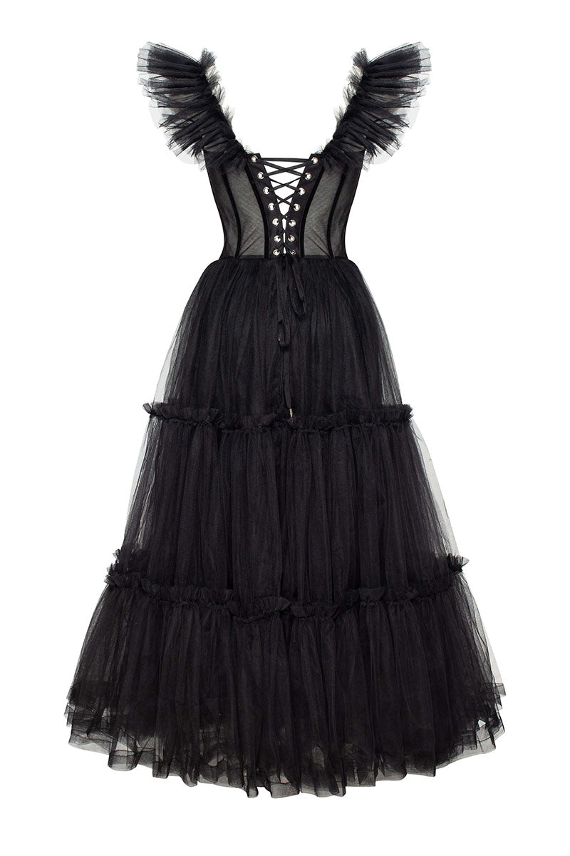 Geisha Ruffled Tulle Midi Dress | JewelClues #color_black