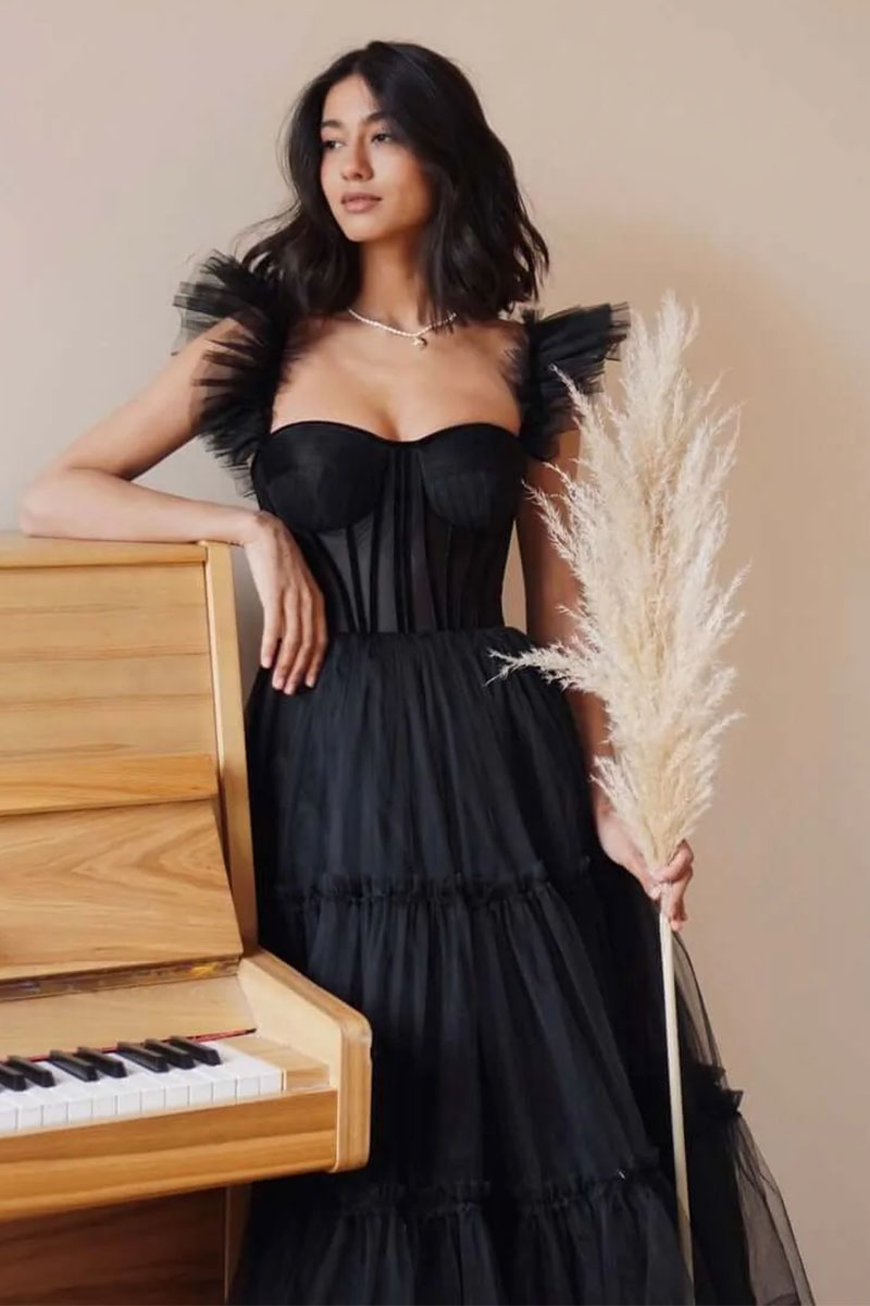 Geisha Bustier Tulle Midi Dress | Jewelclues | #color_black