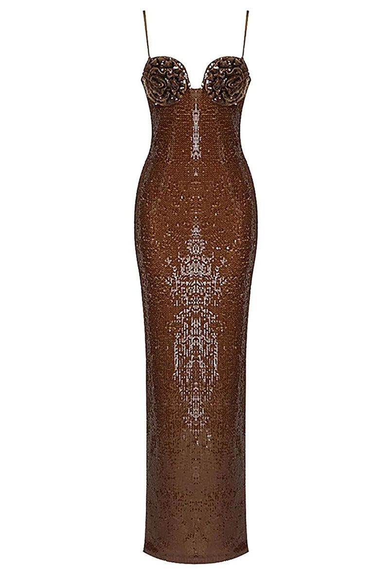 Glamorous Affair Bustier Brown Sequin Maxi Dress | Jewelclues