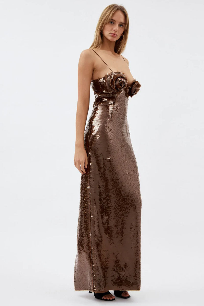 Glamorous Affair Bustier Brown Sequin Maxi Dress | Jewelclues