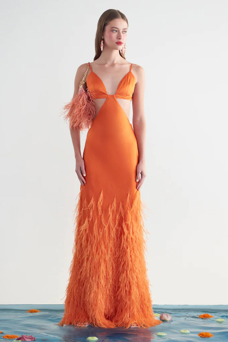 Jewelclues Lena Satin Cutout Ostrich Feather Maxi Dress Orange / 6