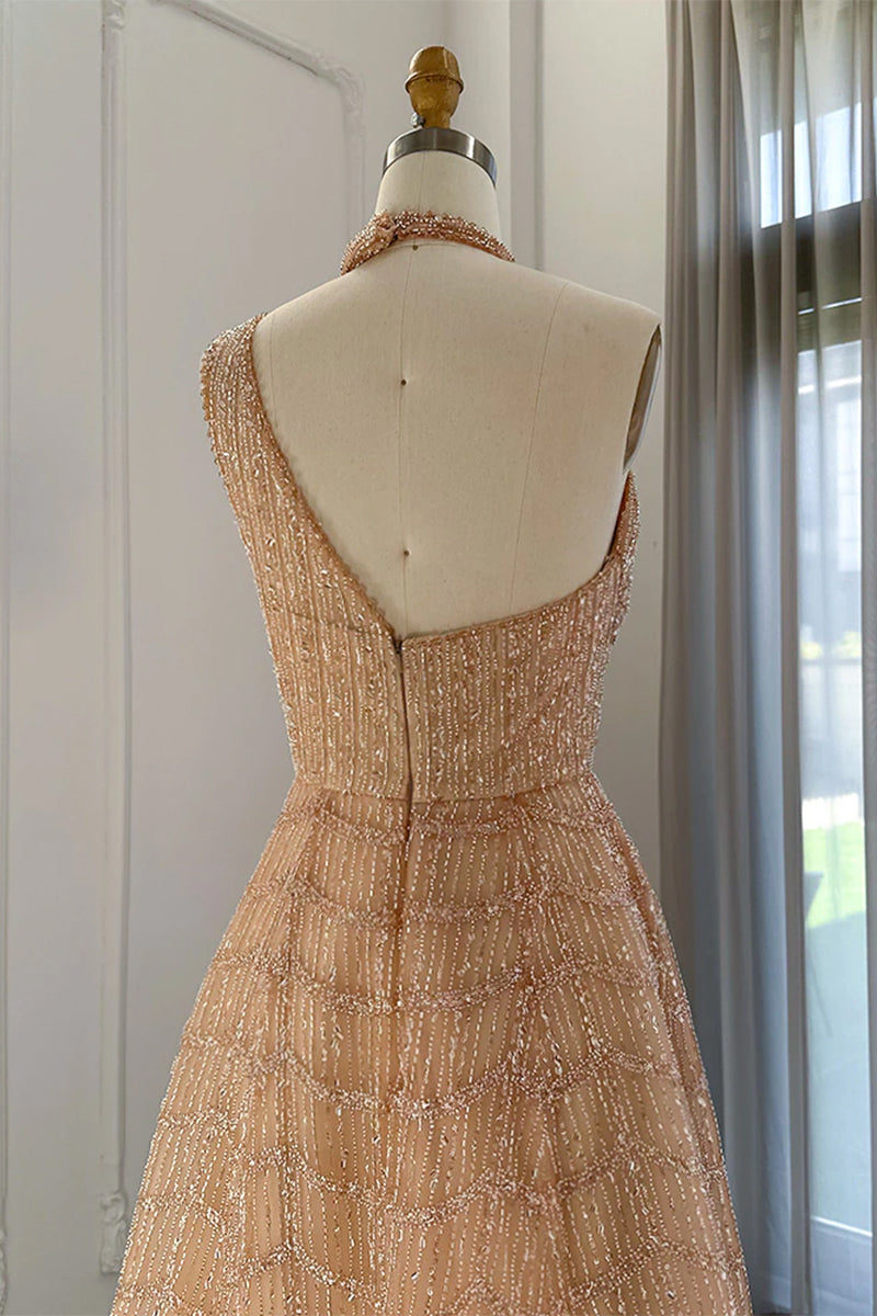 Lifelong Romance Beaded Sequin Halter Maxi Dress | Jewelclues | #color_champagne