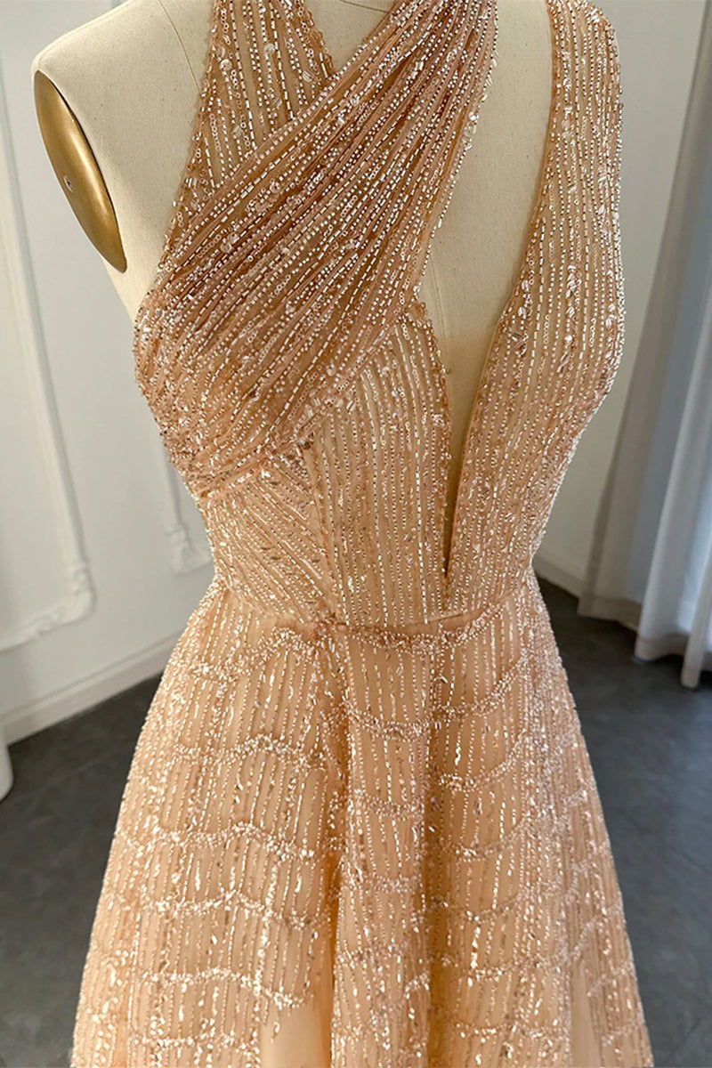 Lifelong Romance Beaded Sequin Halter Maxi Dress | Jewelclues | #color_champagne