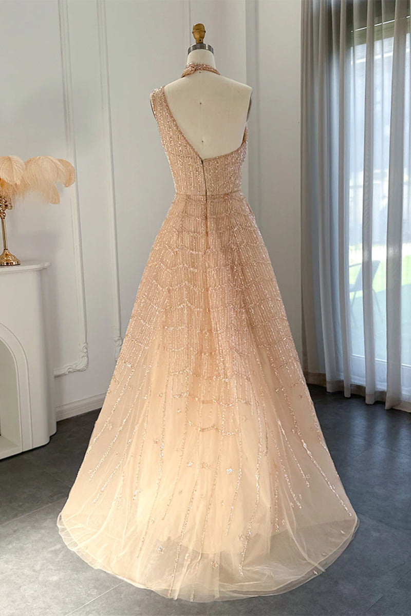 Lifelong Romance Beaded Sequin Halter Maxi Dress | Jewelclues | #color_champagne