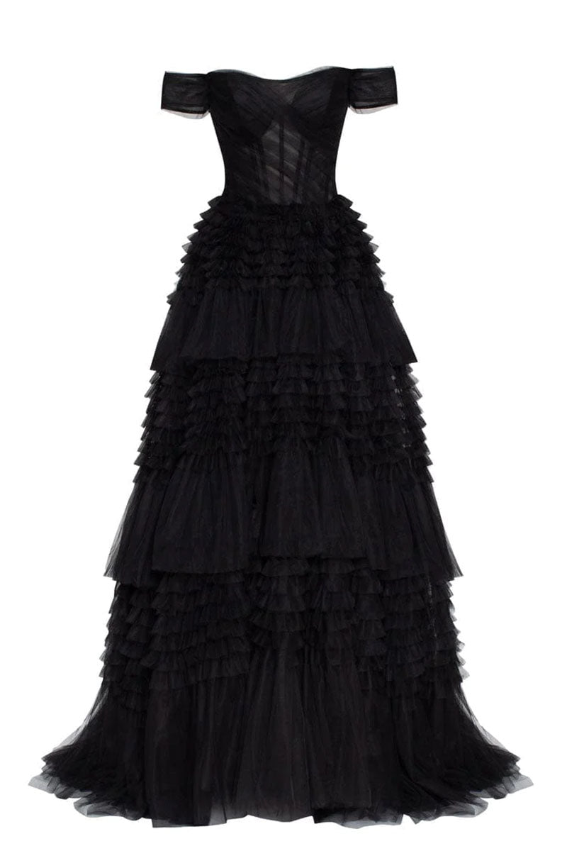 Love You So Off-The-Shoulder Frill-Layered Maxi Dress | Jewelclues | #color_black