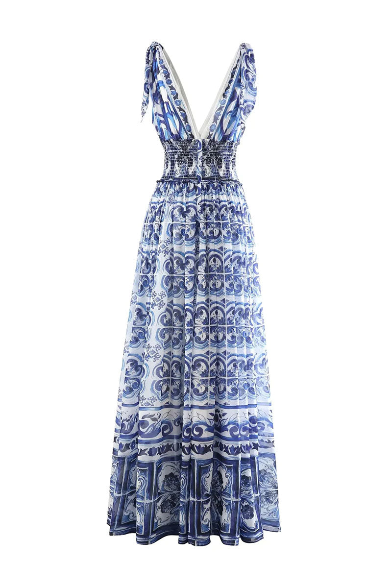 Mediterraneo Long Majolica Print Maxi Dress | Jewelclues #color_blue