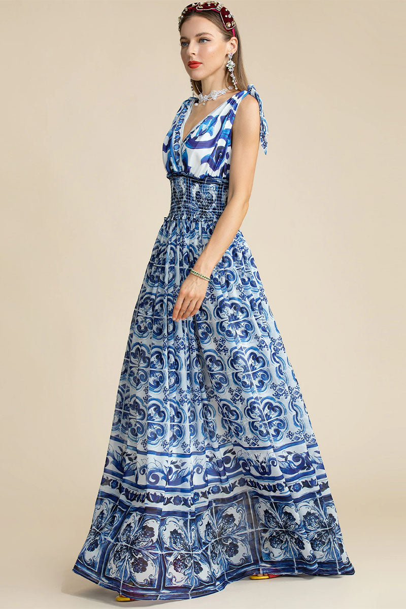 Mediterraneo Long Majolica Print Maxi Dress | Jewelclues #color_blue