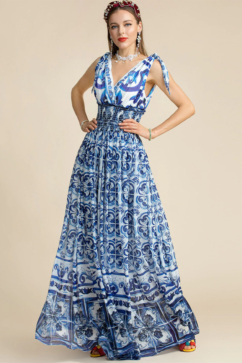 Mediterraneo Long Majolica Print Maxi Dress | Jewelclues