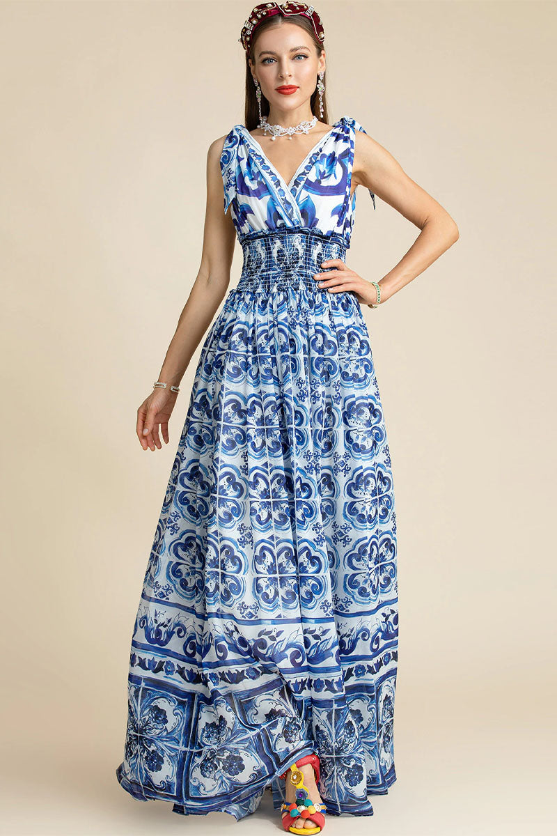 Mediterraneo Long Majolica Print Maxi Dress | Jewelclues #color_blue