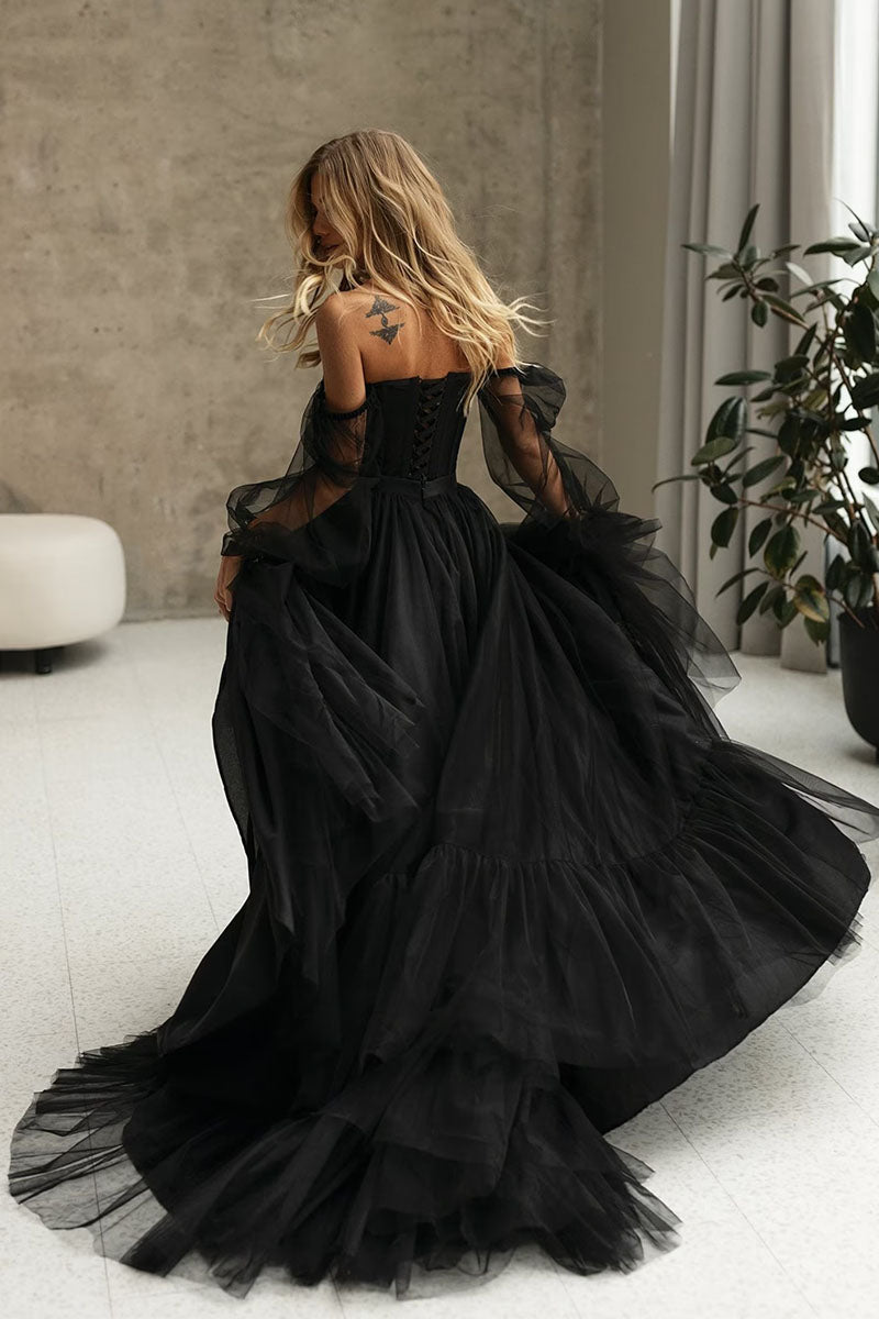Promise of Love Black Long Sleeve Tulle Maxi Dress | Jewelclues