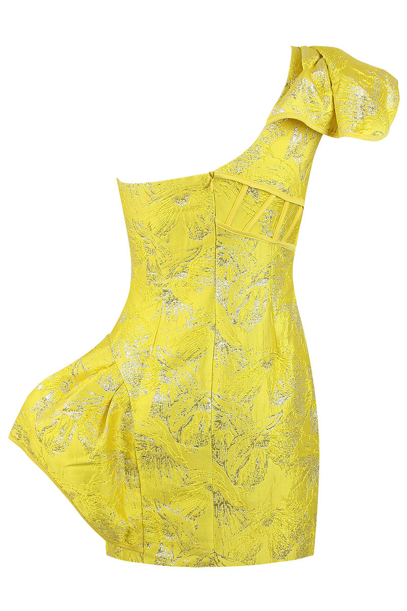 Ready to Party Jacquard One-Shoulder Mini Dress | Jewelclues | #color_yellow