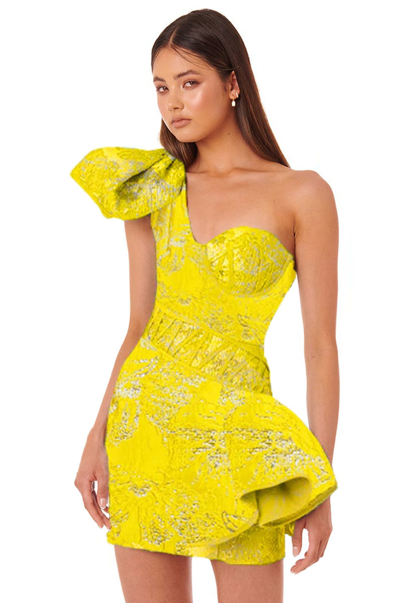 Ready to Party Jacquard One-Shoulder Mini Dress | Jewelclues | #color_yellow