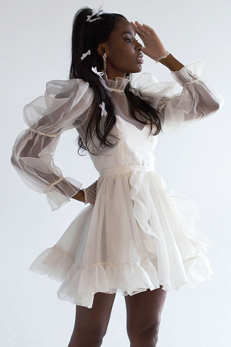 Wondrous Romance Long Puff Sleeves Mini Dress | Jewelclues | #color_white