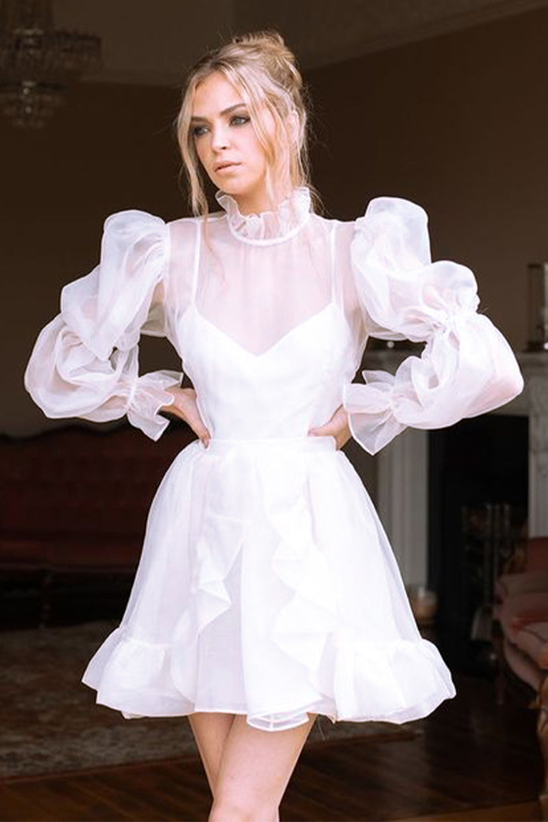 Wondrous Romance Long Puff Sleeves Mini Dress | Jewelclues | #color_white