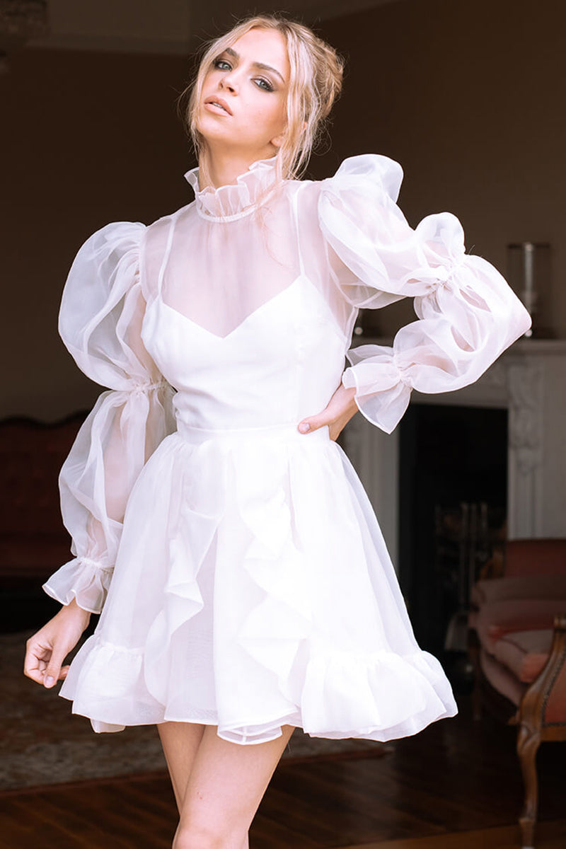 Wondrous Romance Long Puff Sleeves Mini Dress | Jewelclues | #color_white