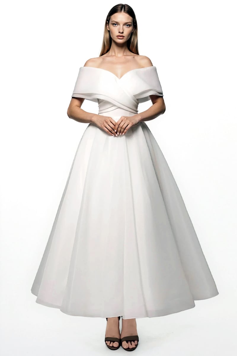 Adele Off-the-Shoulder Organza Midi Dress | Jewelclues