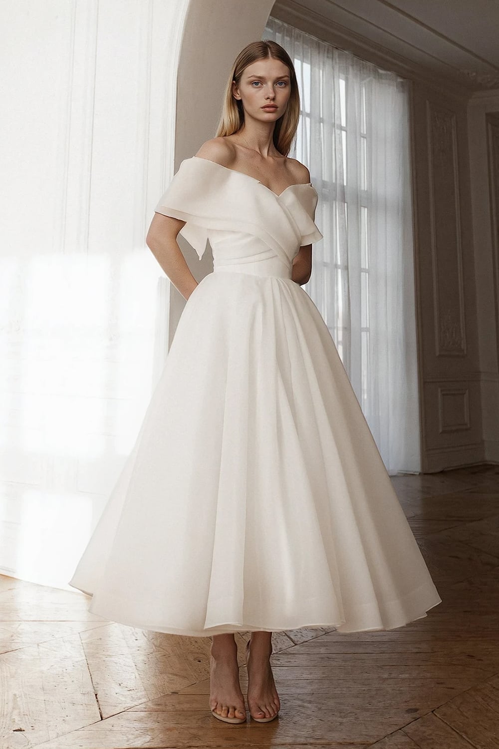 Adele Off-the-Shoulder Organza Midi Dress | Jewelclues