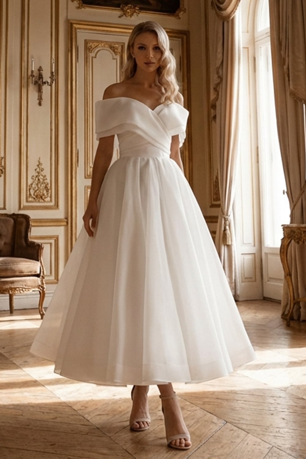 Adele Off-the-Shoulder Organza Midi Dress | Jewelclues