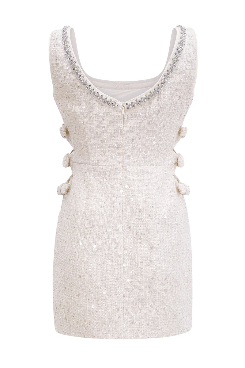 Adorably Cute Sequined Tweed Mini Dress | Jewelclues #color_white