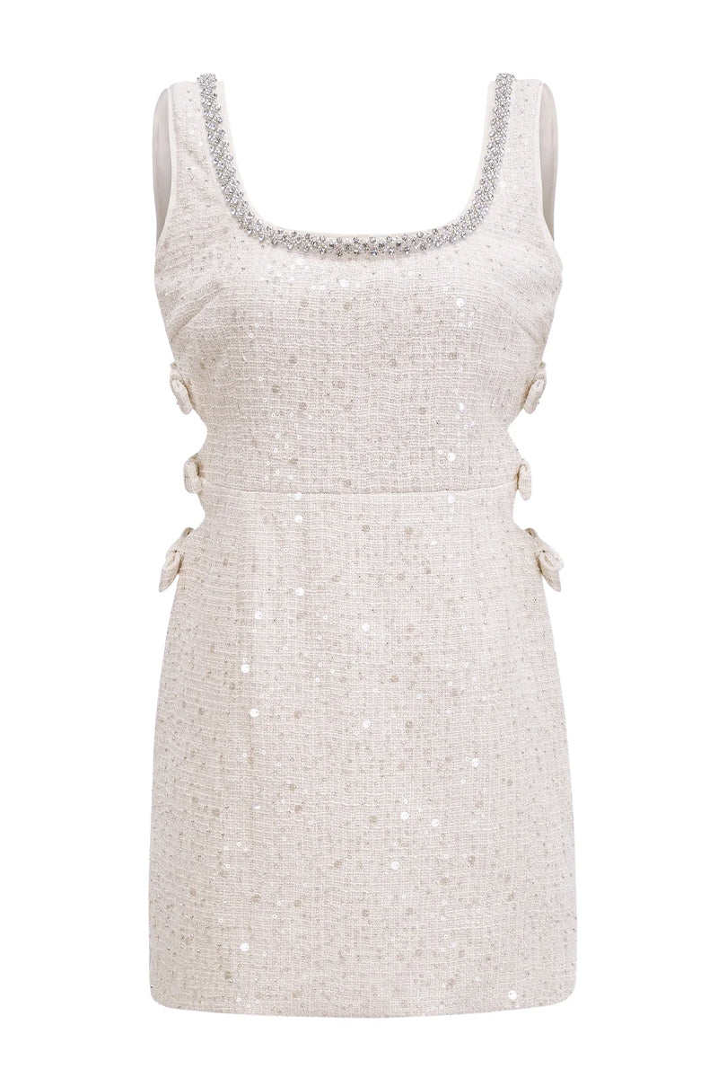 Adorably Cute Sequined Tweed Mini Dress | Jewelclues #color_white