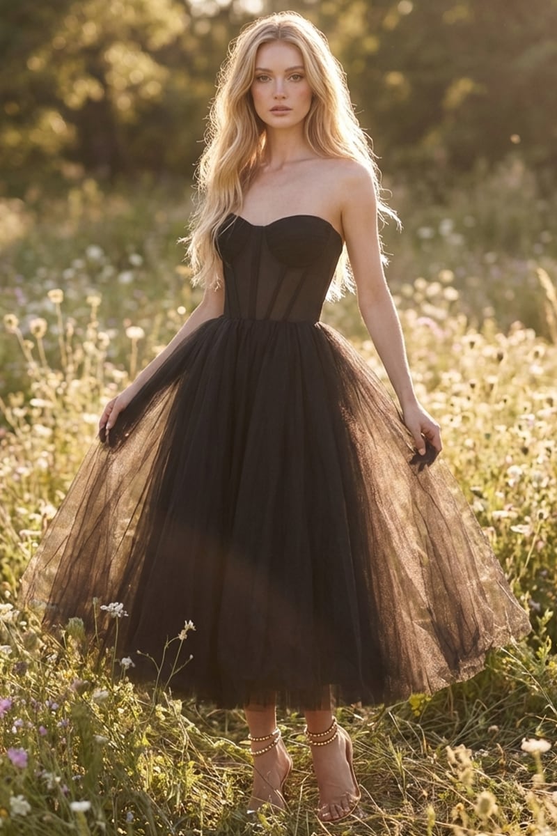 All For Love Strapless Tulle Midi Dress | Jewelclues | #color_black