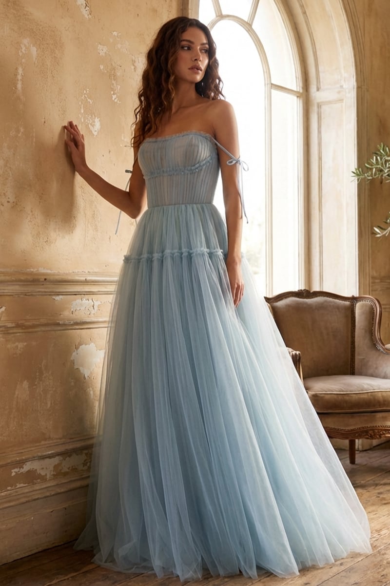 Alluring Beauty Tie-Strap Tulle Maxi Dress | Jewelclues | #color_dusty blue