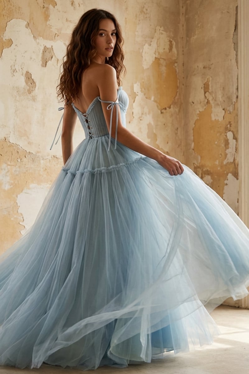 Alluring Beauty Tie-Strap Tulle Maxi Dress | Jewelclues | #color_dusty blue
