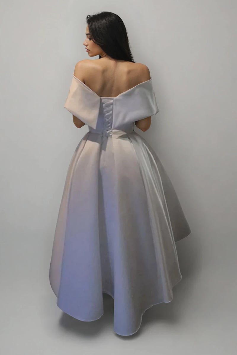 Alysha Off Shoulder Satin Midi Wedding Dress | Jewelclues