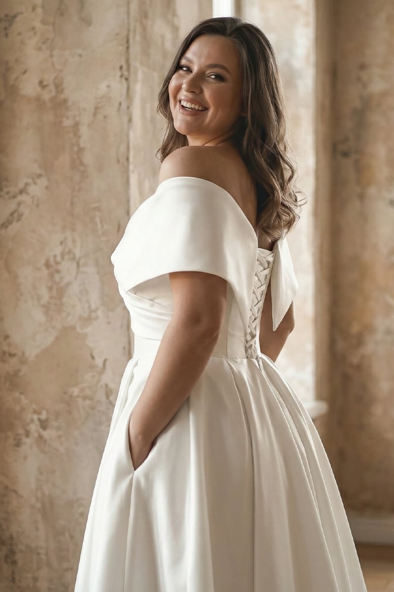 Alysha Off Shoulder Satin Midi Wedding Dress | Jewelclues